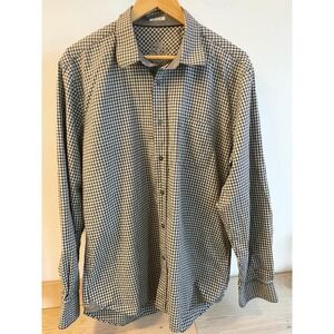 Bugatchi Button Down Shaped Fit Black & White Gingham Check Men's Large Shirt